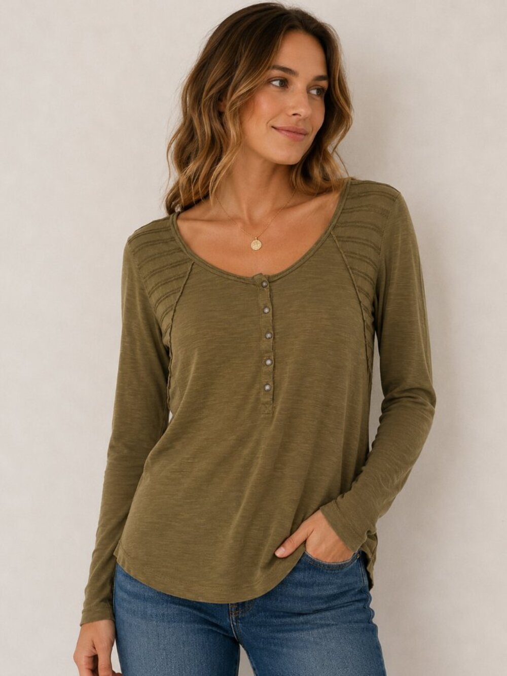 Roxy Olive Green Long Sleeve Henley Top Medium 100% Cotton